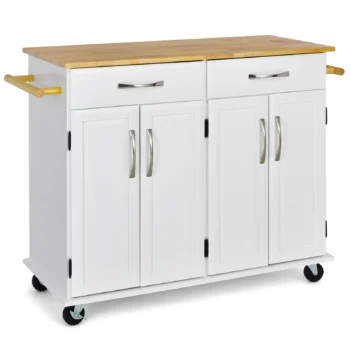 Kitchen Cart with Storage Cabinet with Towel Rack and Spice Rack-White
